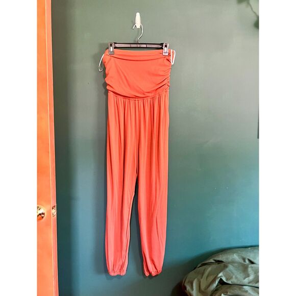 Comfort Burnt Orange Ruched Strapless Jogger Jumpsuit - Picture 4 of 4